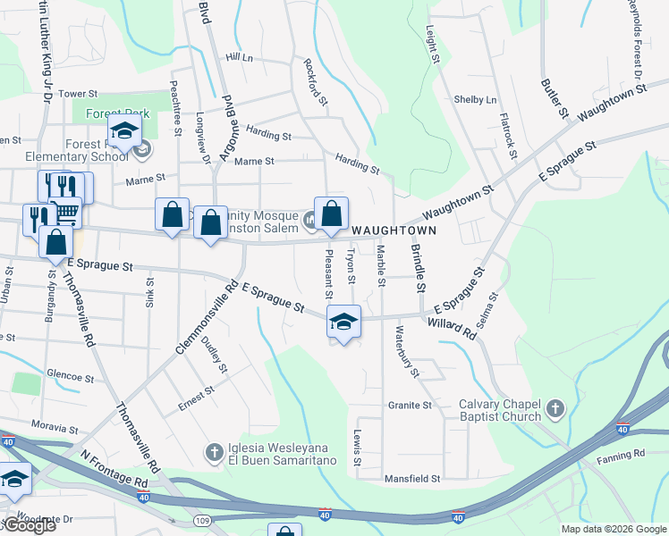 map of restaurants, bars, coffee shops, grocery stores, and more near 2221 Pleasant Street in Winston-Salem