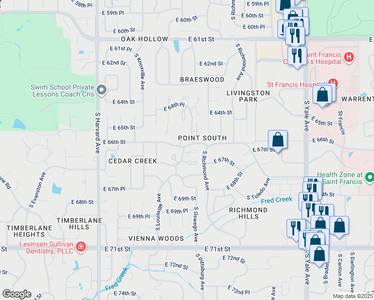 map of restaurants, bars, coffee shops, grocery stores, and more near 6601 South New Haven Avenue in Tulsa