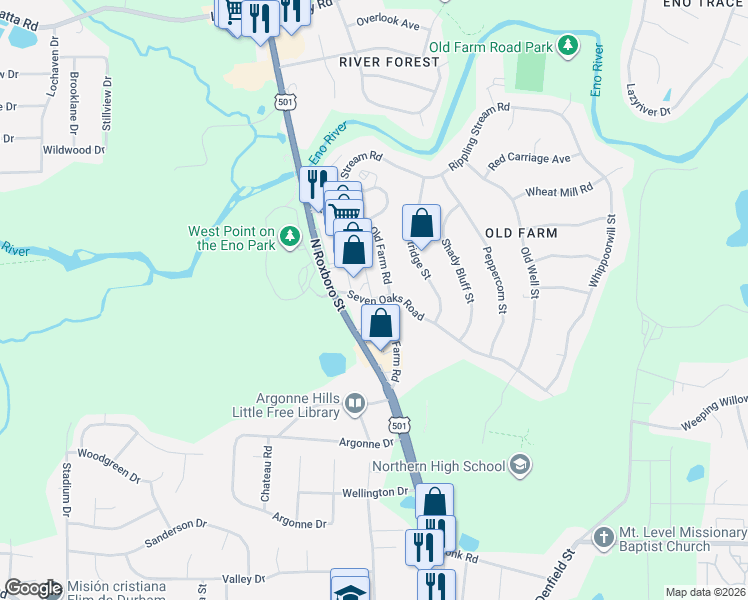 map of restaurants, bars, coffee shops, grocery stores, and more near 24 Seven Oaks Road in Durham