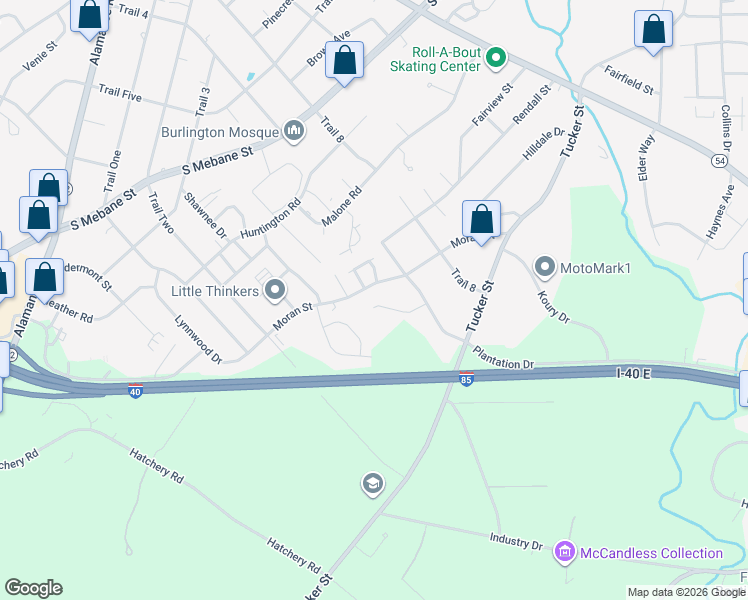 map of restaurants, bars, coffee shops, grocery stores, and more near 2495 Ashton Park Lane in Burlington