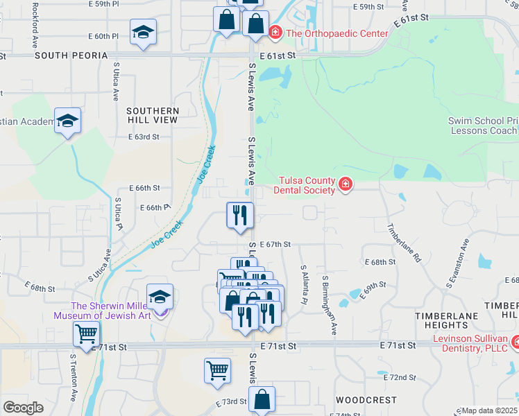 map of restaurants, bars, coffee shops, grocery stores, and more near 6609 South Lewis Avenue in Tulsa