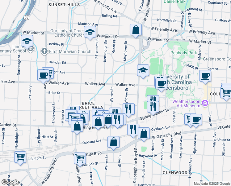 map of restaurants, bars, coffee shops, grocery stores, and more near 1727 Walker Avenue in Greensboro