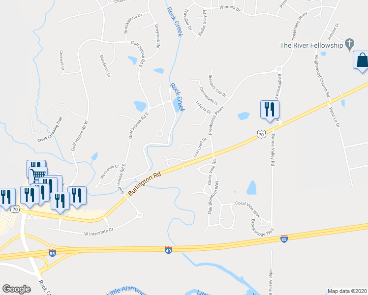 map of restaurants, bars, coffee shops, grocery stores, and more near 6774 Cobble Creek Road in Whitsett