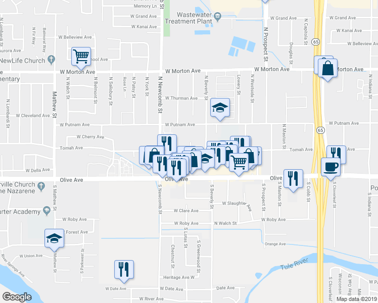 map of restaurants, bars, coffee shops, grocery stores, and more near 1489 Tomah Avenue in Porterville