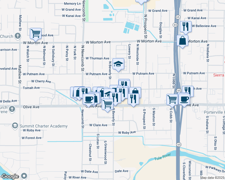 map of restaurants, bars, coffee shops, grocery stores, and more near 1409 Tomah Avenue in Porterville