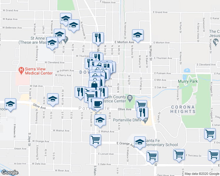 map of restaurants, bars, coffee shops, grocery stores, and more near 85 East Oak Avenue in Porterville