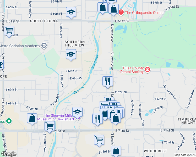 map of restaurants, bars, coffee shops, grocery stores, and more near 6620 South Zunis Avenue in Tulsa