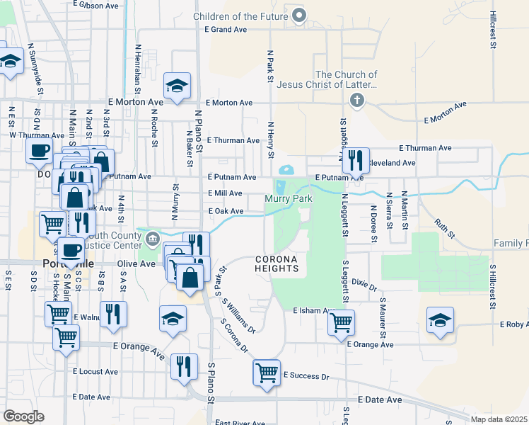 map of restaurants, bars, coffee shops, grocery stores, and more near 812 East Oak Avenue in Porterville