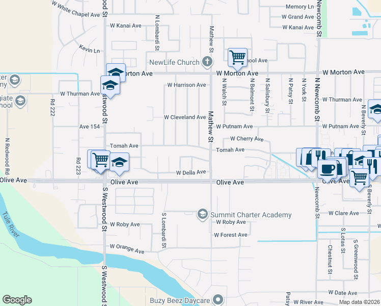 map of restaurants, bars, coffee shops, grocery stores, and more near 2080 West Garden Lane in Porterville