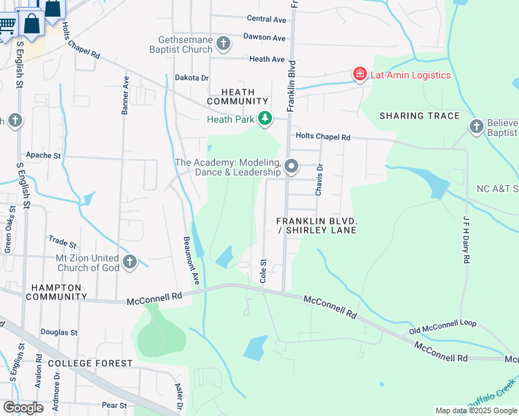 map of restaurants, bars, coffee shops, grocery stores, and more near 720 Cole Street in Greensboro