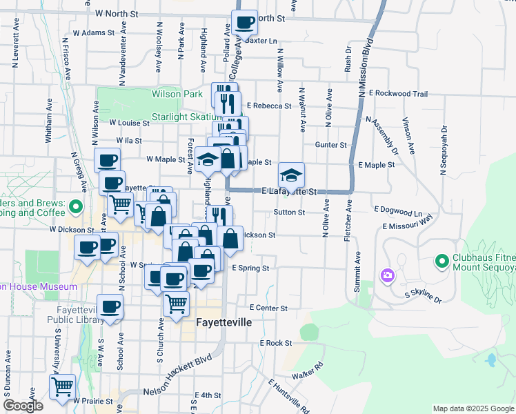 map of restaurants, bars, coffee shops, grocery stores, and more near 338 North Washington Avenue in Fayetteville