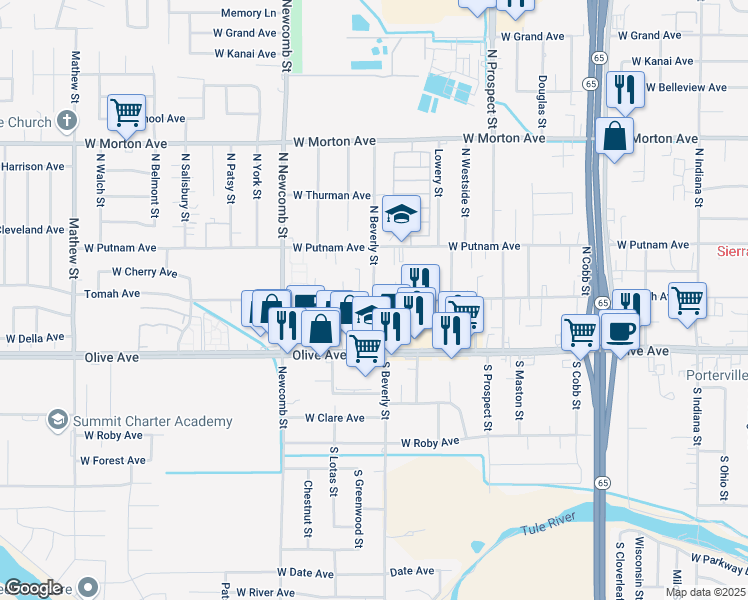 map of restaurants, bars, coffee shops, grocery stores, and more near 1421 West Tomah Avenue in Porterville