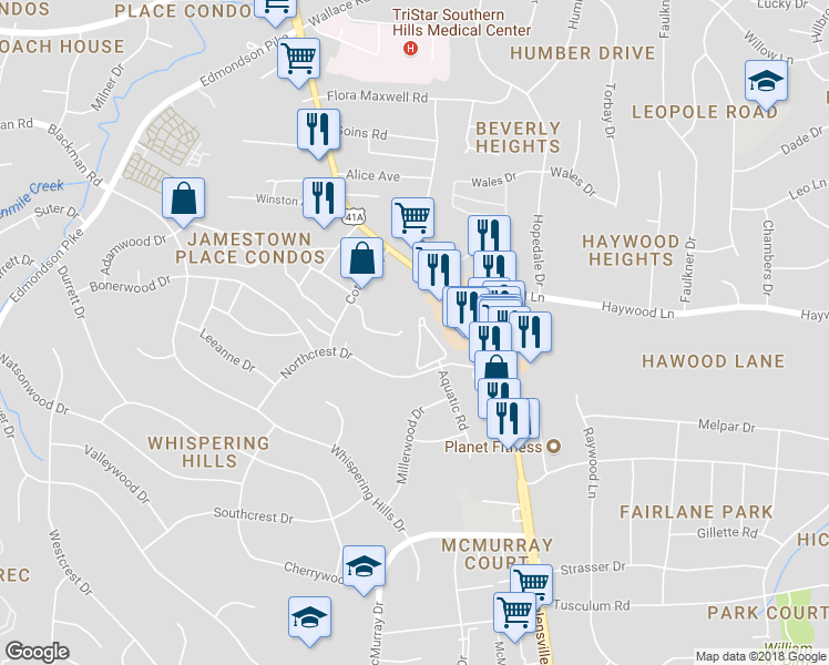 map of restaurants, bars, coffee shops, grocery stores, and more near 231 Northcrest Commons Circle in Nashville
