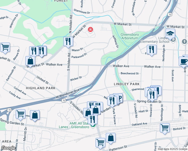 map of restaurants, bars, coffee shops, grocery stores, and more near 518 Ashland Drive in Greensboro