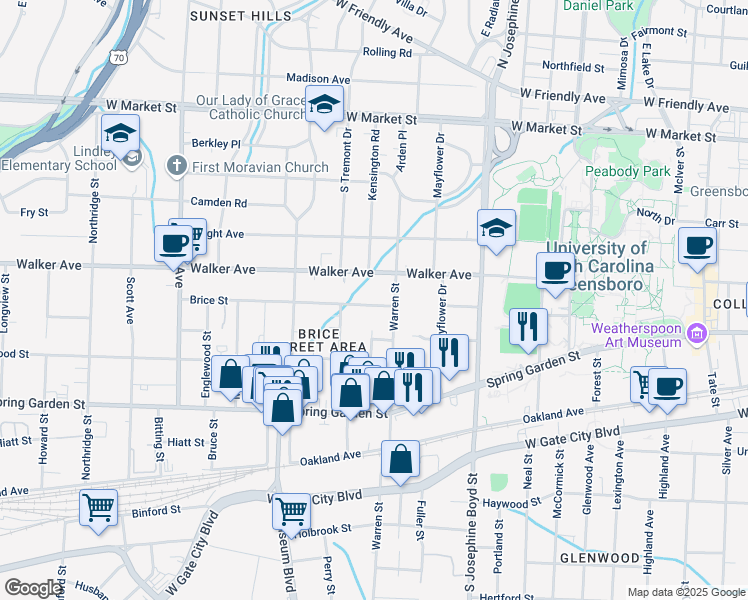 map of restaurants, bars, coffee shops, grocery stores, and more near 1714 Brice Street in Greensboro
