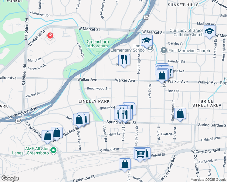 map of restaurants, bars, coffee shops, grocery stores, and more near 704 Longview Street in Greensboro