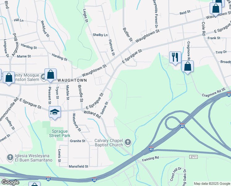 map of restaurants, bars, coffee shops, grocery stores, and more near Selma Street in Winston-Salem