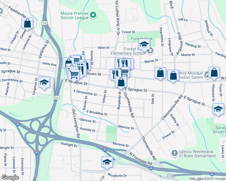 map of restaurants, bars, coffee shops, grocery stores, and more near 818 East Sprague Street in Winston-Salem