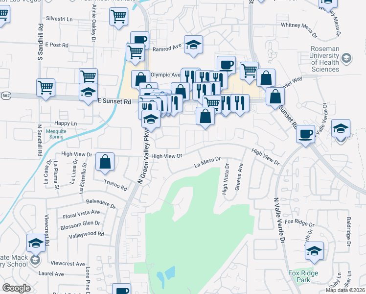 map of restaurants, bars, coffee shops, grocery stores, and more near 2507 Kilmaron Circle in Henderson