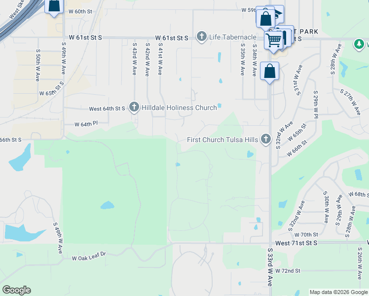 map of restaurants, bars, coffee shops, grocery stores, and more near 6656 Riva Ridge Road in Tulsa