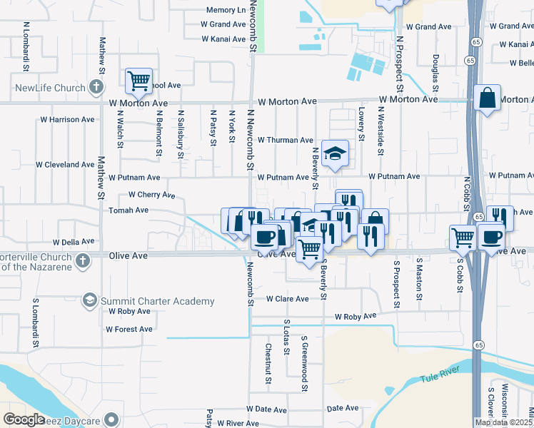 map of restaurants, bars, coffee shops, grocery stores, and more near 1555 Tomah Avenue in Porterville