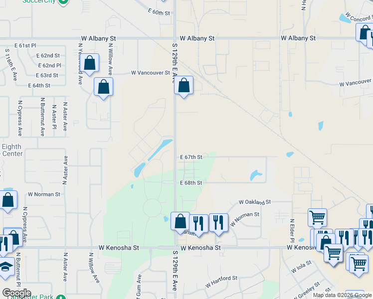 map of restaurants, bars, coffee shops, grocery stores, and more near 13003 East 67th Street in Broken Arrow