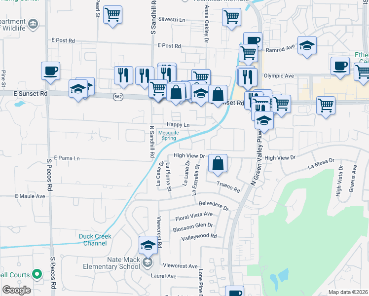 map of restaurants, bars, coffee shops, grocery stores, and more near 3155 High View Drive in Henderson