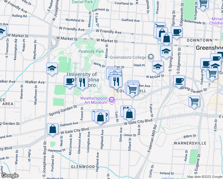 map of restaurants, bars, coffee shops, grocery stores, and more near 406 Tate Street in Greensboro