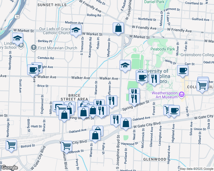 map of restaurants, bars, coffee shops, grocery stores, and more near 511 Mayflower Drive in Greensboro