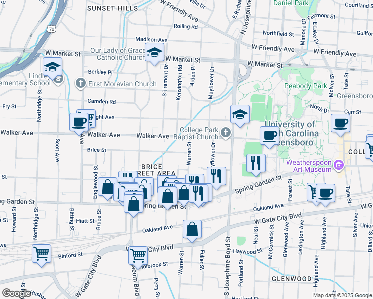 map of restaurants, bars, coffee shops, grocery stores, and more near 1714 Brice Street in Greensboro