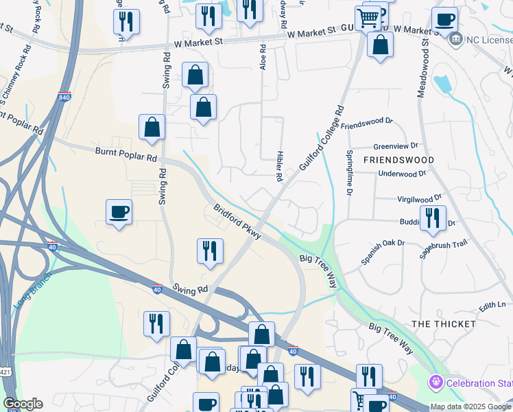 map of restaurants, bars, coffee shops, grocery stores, and more near 420 Guilford College Road in Greensboro