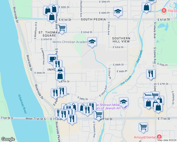 map of restaurants, bars, coffee shops, grocery stores, and more near 1526 East 66th Place in Tulsa