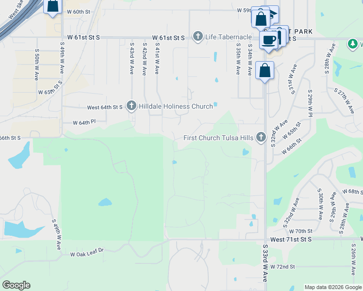 map of restaurants, bars, coffee shops, grocery stores, and more near 6656 Riva Ridge Road in Tulsa