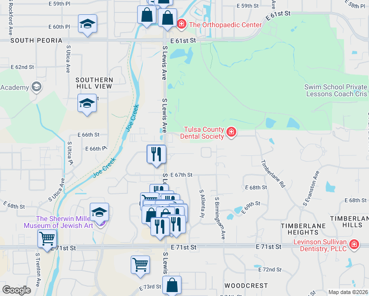 map of restaurants, bars, coffee shops, grocery stores, and more near 6605 South Lewis Avenue in Tulsa