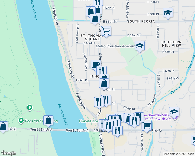 map of restaurants, bars, coffee shops, grocery stores, and more near 6622 South Peoria Avenue in Tulsa