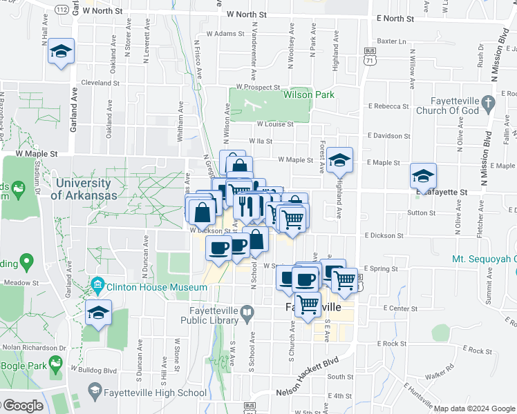 map of restaurants, bars, coffee shops, grocery stores, and more near 316 West Watson Street in Fayetteville