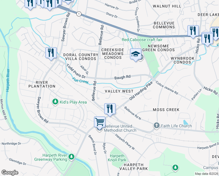 map of restaurants, bars, coffee shops, grocery stores, and more near 621 Barlin Drive in Nashville