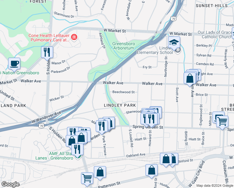 map of restaurants, bars, coffee shops, grocery stores, and more near 2631 Beechwood Street in Greensboro