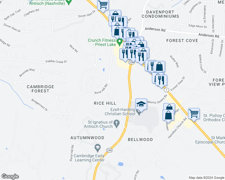 map of restaurants, bars, coffee shops, grocery stores, and more near 1516 Rice Hill Court in Nashville