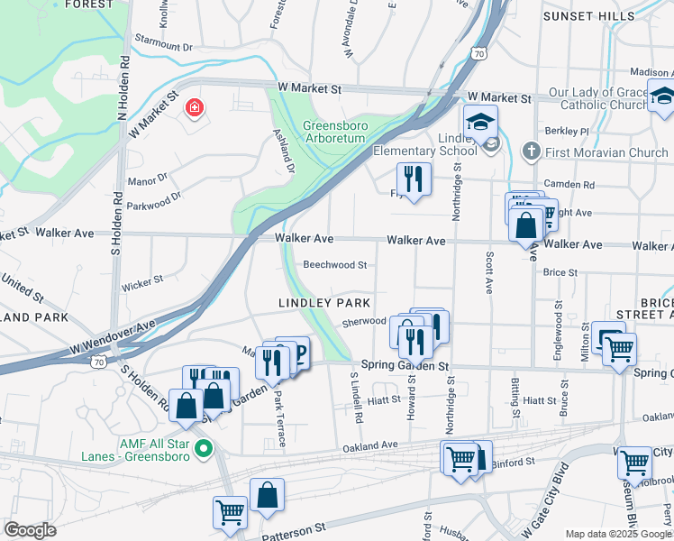 map of restaurants, bars, coffee shops, grocery stores, and more near 2621 Beechwood Street in Greensboro