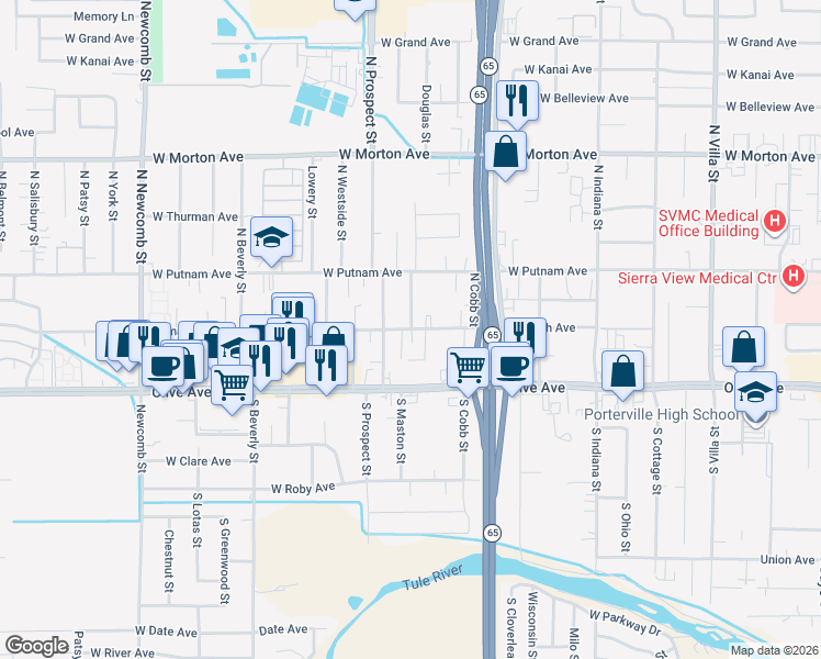 map of restaurants, bars, coffee shops, grocery stores, and more near 1105 West Tomah Avenue in Porterville