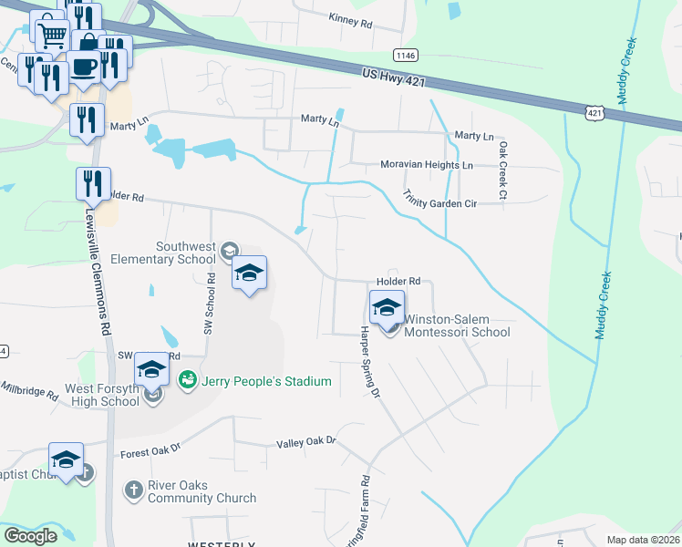 map of restaurants, bars, coffee shops, grocery stores, and more near 1600 Springfield Way Drive in Clemmons