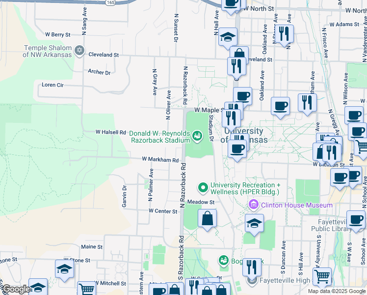 map of restaurants, bars, coffee shops, grocery stores, and more near 351 North Razorback Road in Fayetteville