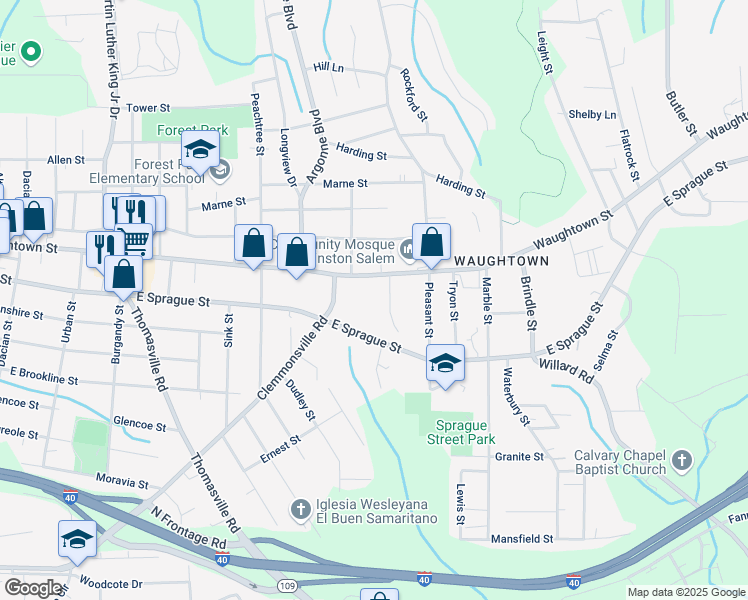 map of restaurants, bars, coffee shops, grocery stores, and more near 1330 Waughtown Street in Winston-Salem