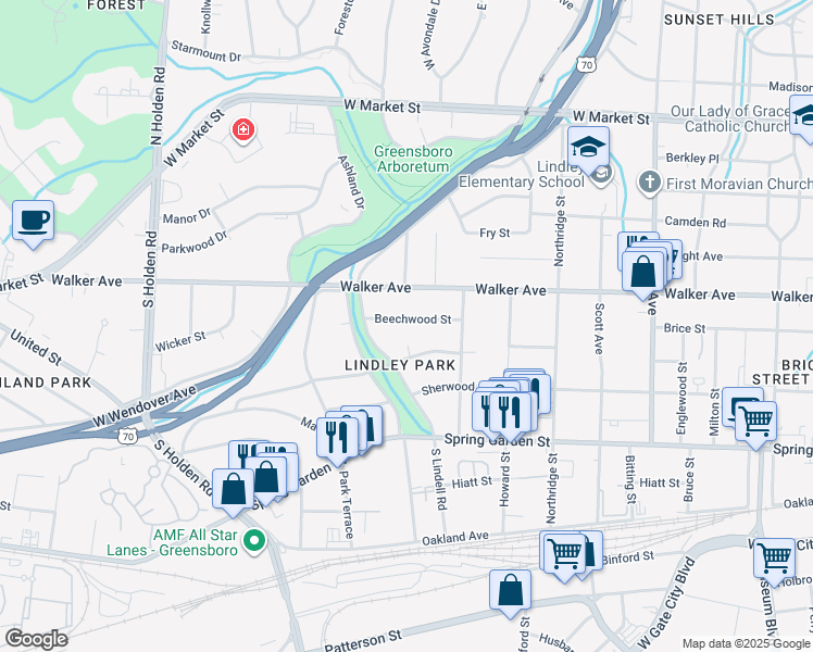 map of restaurants, bars, coffee shops, grocery stores, and more near 2621 Beechwood Street in Greensboro