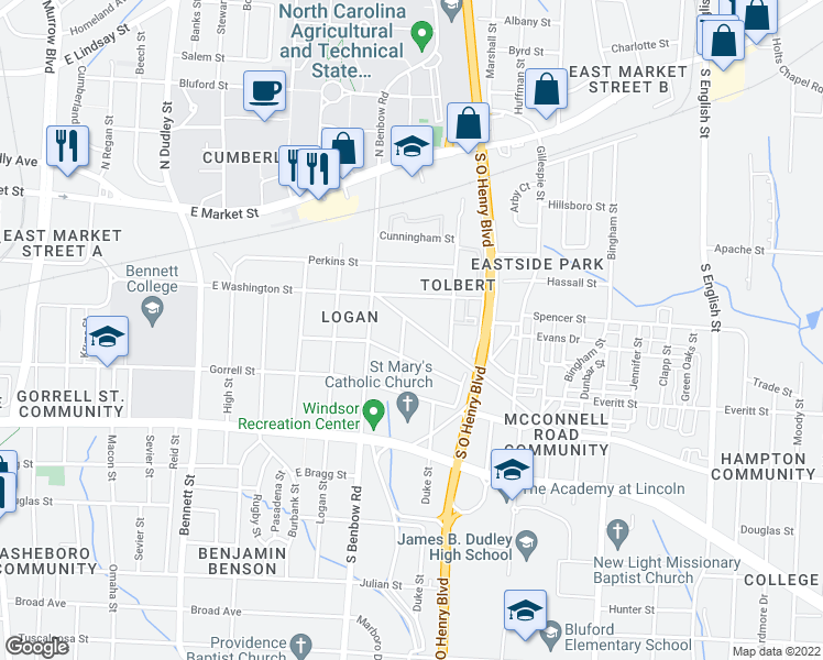 map of restaurants, bars, coffee shops, grocery stores, and more near 1512 McConnell Road in Greensboro