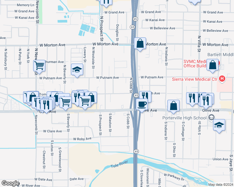 map of restaurants, bars, coffee shops, grocery stores, and more near 1094 West Tomah Avenue in Porterville