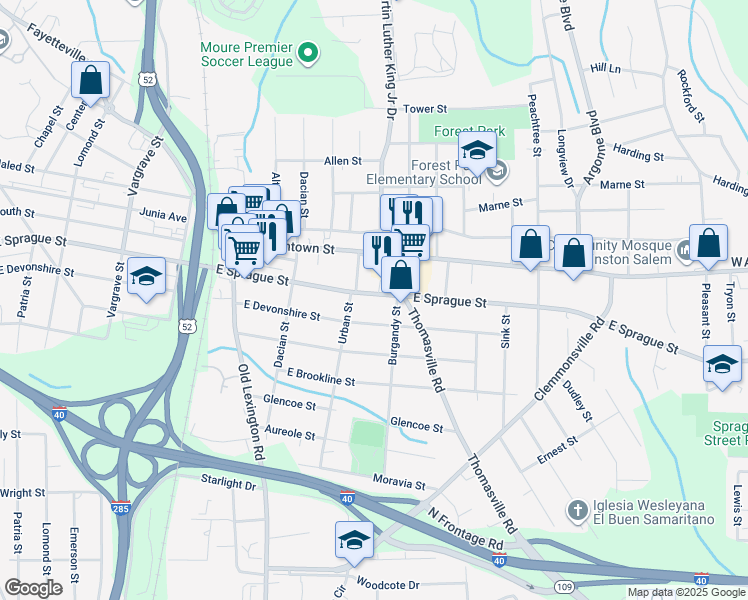 map of restaurants, bars, coffee shops, grocery stores, and more near 818 East Sprague Street in Winston-Salem