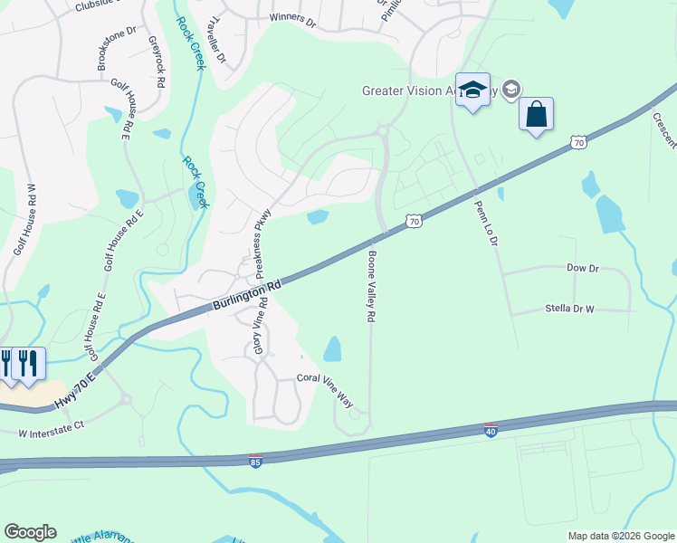 map of restaurants, bars, coffee shops, grocery stores, and more near 6490 Burlington Road in Whitsett
