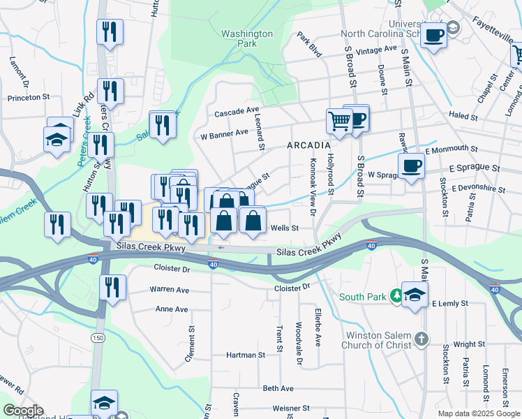 map of restaurants, bars, coffee shops, grocery stores, and more near 523 West Brookline Street in Winston-Salem